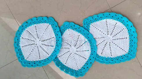 Set of 3 Handmade Crochet Mats - White  Turquoise