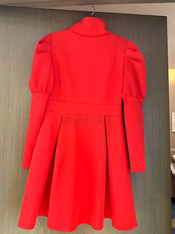 Red high-neck fit-and-flare dress with puff sleeves