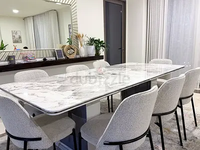 Marble-Top Dining Table Set for 8 person including 8 Upholstered Chairs