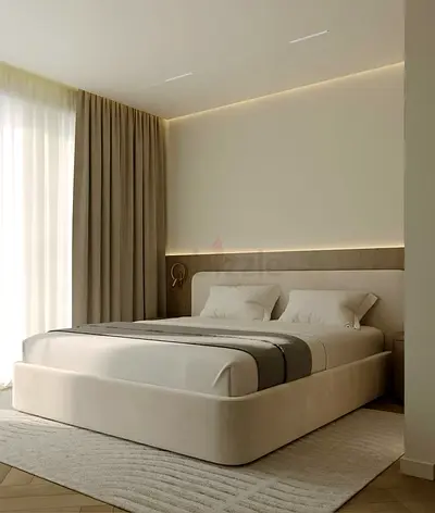 Beige upholstered low-profile bed frame with headboard