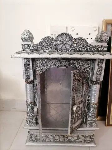 Small Decorative Wooden Puja Mandir / Home Temple - Silver Finish