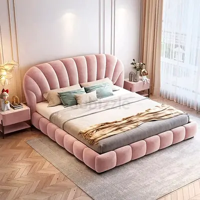 Pink Velvet customize Upholstered Bed with Padded Scalloped Headboard