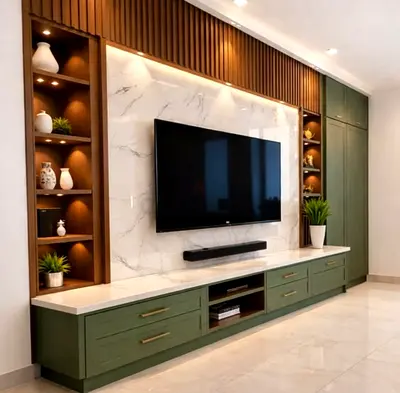 Custom TV entertainment unit with , green cabinets and display shelves