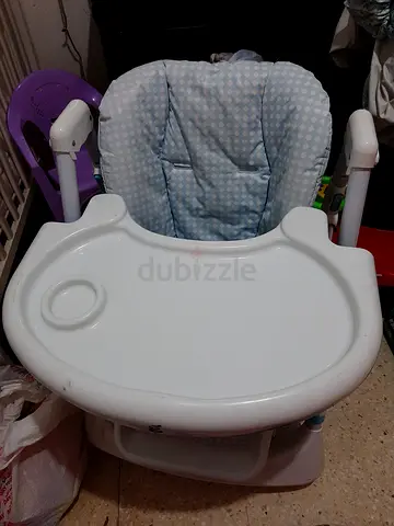 Used baby high chair — white tray with light-blue padded seat