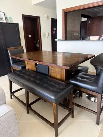 Solid wood dining table set (6 seater) – bench + swivel chairs + stools