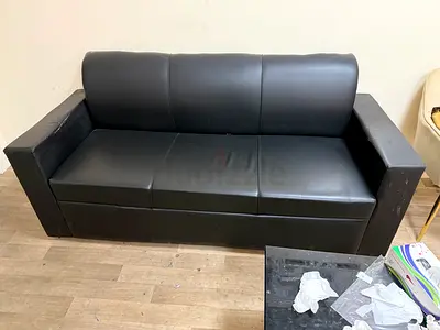 Black 3-seater faux leather sofa, used - good condition