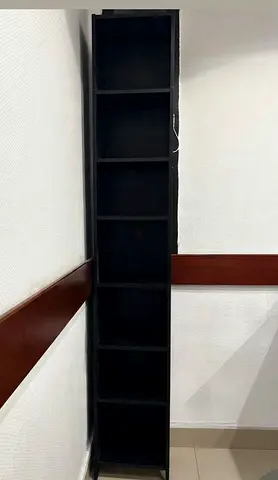 Slim tall black bookcase - narrow vertical shelving unit