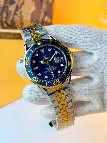 Two-tone gold  silver mens diver watch with blue dial and date