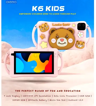 K6 Kids 7-inch Android Tablet with Bear Case — 6GB/128GB (Pink)