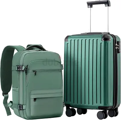 Green hardshell  suitcase with matching backpack product link on amazon - https://amzn.to/4mzokaU