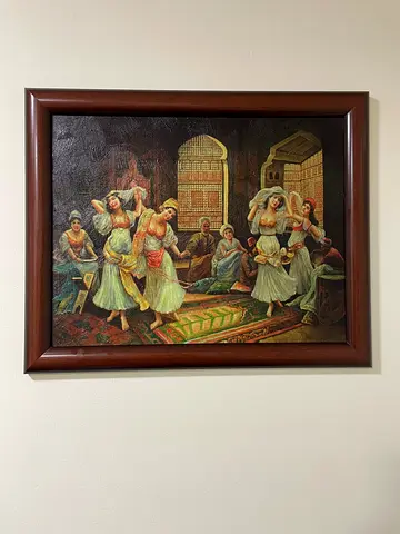 Framed vintage-style oil laminated painting — classical interior group scene