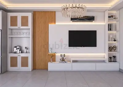 White Modern Built-in Entertainment Center with Shelves and Storage