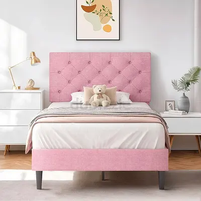 Button tufted pink linen twin bed