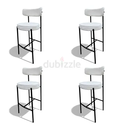 Modern Bouclé Bar Stools with Black Metal Legs – Set of 4