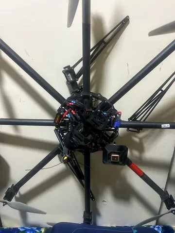 My custom-built octocopter frame with motors and props — ready for camera rig