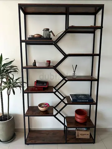 Industrial metal-frame wooden bookcase — multi-tier shelving, good condition
