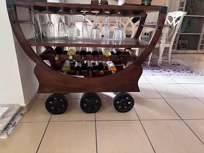 Solid Wooden wine bar trolley with glass rack and wheels