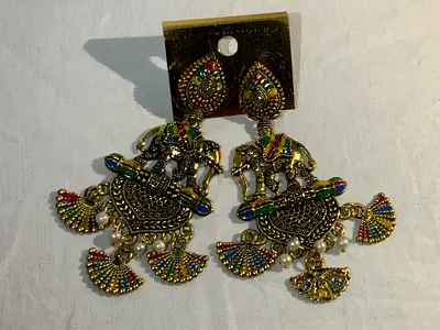 Antique Gold-Finished Meenakari Elephant Motif Chandbali Jhumkas