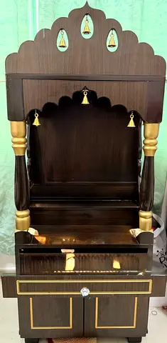 Wooden Pooja Mandir (Home Temple) with Drawer and Cabinet - Dark Brown