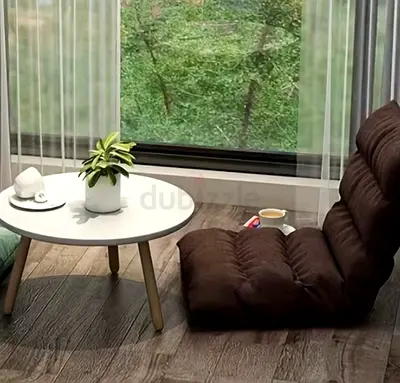 Brown linen adjustable floor chair — low Japanese-style lounger