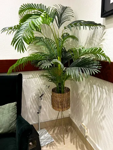 Large artificial palm in woven basket with tripod stand
