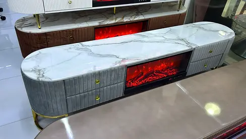 Elegant Marble-Top TV Unit with LED Fireplace 200cm