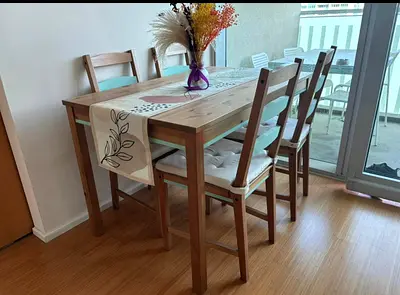 Solid Wood 4-Seater Dining Table with Cushioned Chairs