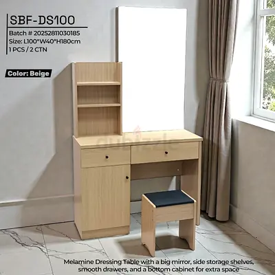 Beige Melamine Dressing Table with Mirror, Storage Shelves  Stool