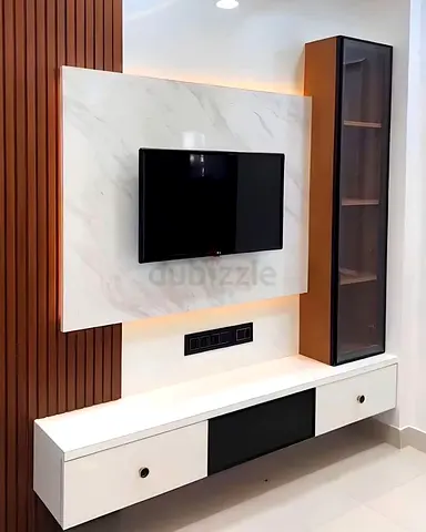 New modern wall-mounted entertainment unit with marble-look panel  glass display cabinet