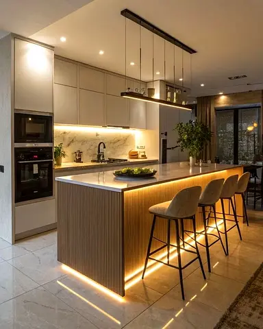 Modern Kitchen Island with Integrated LED-lit Breakfast Bar
