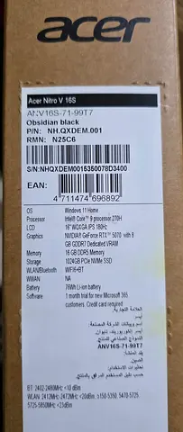 Acer Nitro V 16S laptop — boxed, Obsidian Black (ANV16S-71-99T7)