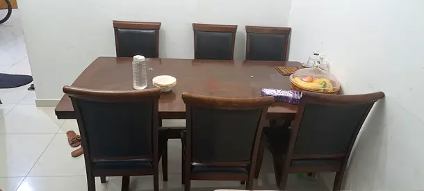 6-Seater Dark Wood Dining Table with Padded Chairs - Good Condition