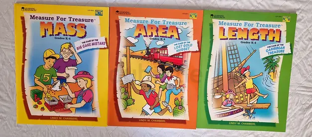Set of 3 Measure for Treasure kids math workbooks — Mass, Area, Length, Brand New