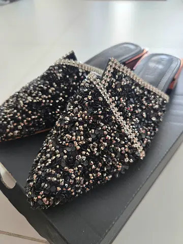 Black beaded pointed mules — gently used