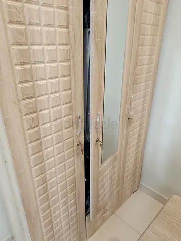 3-Door Light Wood Wardrobe with Mirror (Good Condition)