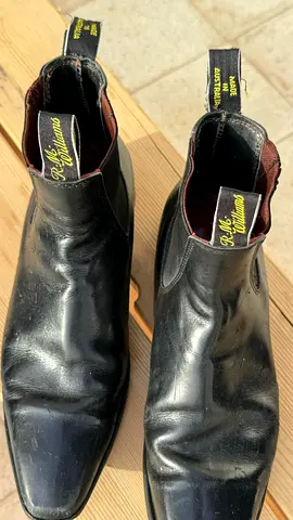 R.M. Williams black leather Chelsea boots — pre-owned, some creasing and scuffs