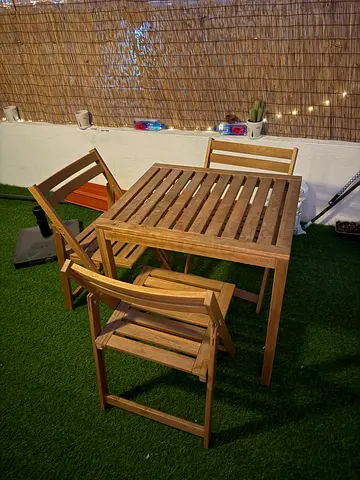 Urgent Sale.Ikea Wooden folding outdoor table and 3 chairs + one stool  (almost brand new condition)