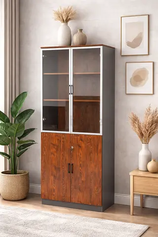 Modern Wooden Storage Cabinet with Glass Doors - Golden Oak Grey Bookshelf For Home