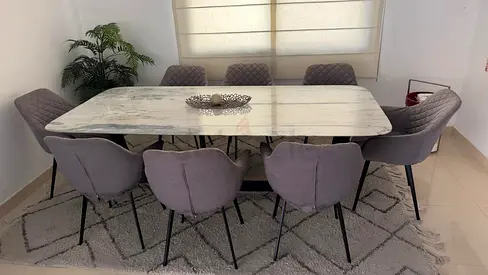 8-Seater Marble-Top Dining Table with Grey Upholstered Chairs