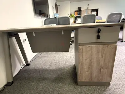 My grey office desk with lockable drawer and pedestal
