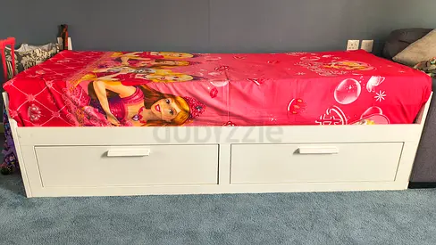 White single bed frame with two storage drawers and 2 new mattress