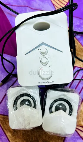 My white wired desktop speakers with mini subwoofer (working)