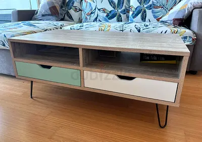 My low wooden TV/media console with two drawers and hairpin legs