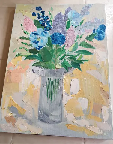 Hand-painted Floral Canvas — Vase of Blue  Pink Flowers