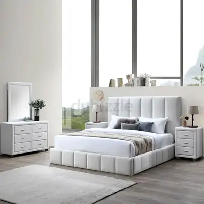 Brand New Upholstered Bed Frame with Tall Headboard and Matching Nightstands (Bedroom Set)