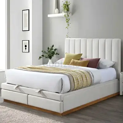 White Upholstered Storage Bed Frame with Padded Headboard
