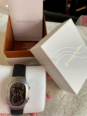 Philip Stein mens dual-time black leather watch - good condition