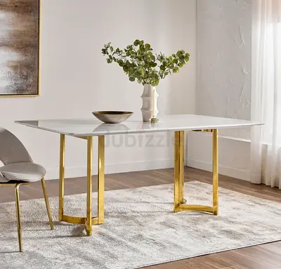 White Marble-Top Rectangular Dining Table with Gold Legs
