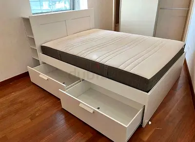 IKEA brimness queen size bed with 4 storage drawers underneath and with IKEA mattress
