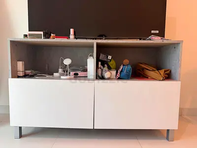 HOME Box Compact TV stand — grey top with white doors (Used)